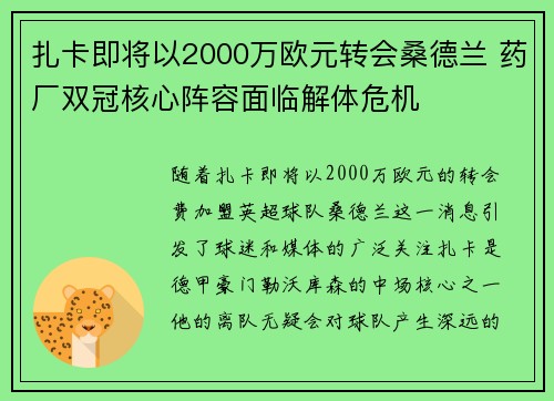 扎卡即将以2000万欧元转会桑德兰 药厂双冠核心阵容面临解体危机