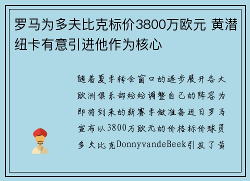 罗马为多夫比克标价3800万欧元 黄潜纽卡有意引进他作为核心